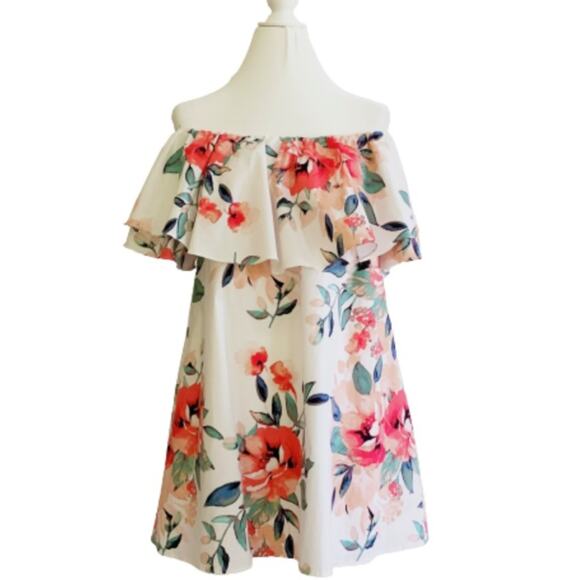 Adrienne Dress Tropical Floral On Off Shoulder Ruffle Neckline Sleeveless Small - Picture 12 of 15